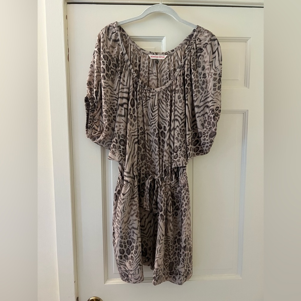 Rebecca Taylor leopard size 10 silk drawstring belt minidress with pockets. NWOT